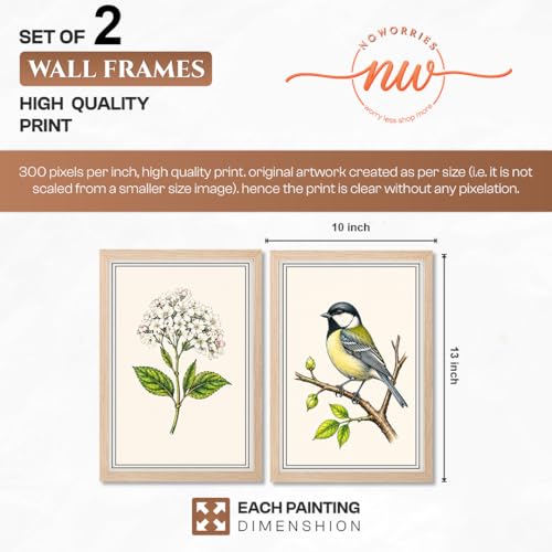 Image of NoWorries Botanical & Bird Wall Art Set of 2 Framed Wall Decor for Living Room Bedroom Office | Vintage Floral Bird Painting Wooden Frame Modern Home Decoration (Art-3, 10x13inch)
