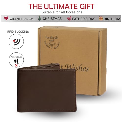 Image of Men's Dark Brown Leather Bifold Wallet RFID Blocking Front Pocket Security Passcase Cowhide Durable Extra Capacity Billfold 6 Credit Cards with Flip-out ID Classic Handmade Gift For Him VINAM-B-03