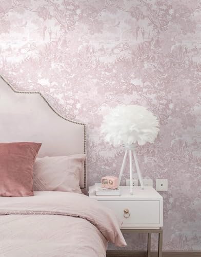 Image of Wallpaper Peel and Stick Toile de Jouy Wallpaper, Pink, Pastoral Scene Pattern, French Country Style, Decorative Wall Covering Home Decor Vinyl Shelf Adhesive 16.5&87inch