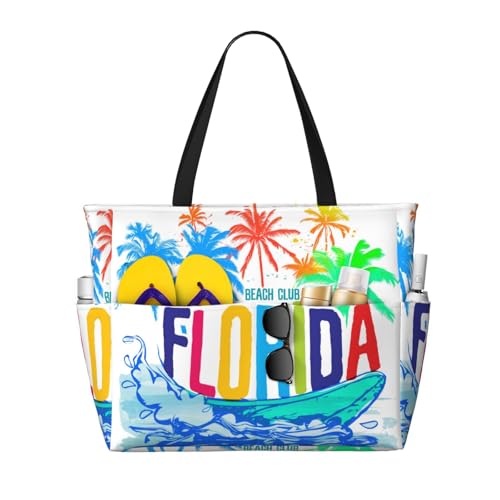 BJQ Beach Tote Bag for Women Florida Pattern Beach Bag Waterproof and Sandproof Pool Tote Bag with Wet Bag Cute Large Cruise Travel Bag for Weekend Travel