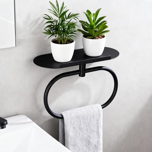 Image of Bathroom Towel Ring with Shelf, 304 Stainless Steel Towel Holder for Bathroom Wall Mount, Self Adhesive or Drill Installation, Rustproof Hand Towel Ring (Black)