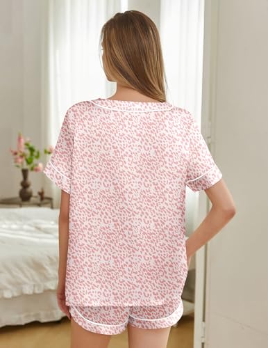 Image of Silk Pajamas for Women Short Sleeve Satin 2 Piece Pj Set Soft V Neck Sleepwear Loungewear, S-XXL