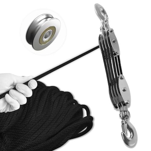 SALIFTFE Block and Tackle Pulley System, Upgraded 4-Wheel Rope Pulley Hoist, 8:1 Lifting Power, 2200LB Work Load with 65Ft of 1/4" Rope, Ultra-Compact Rope Hoist for Garage, Hunting, and Heavy Lifting by SALIFTFE - Used condition - US$14.99