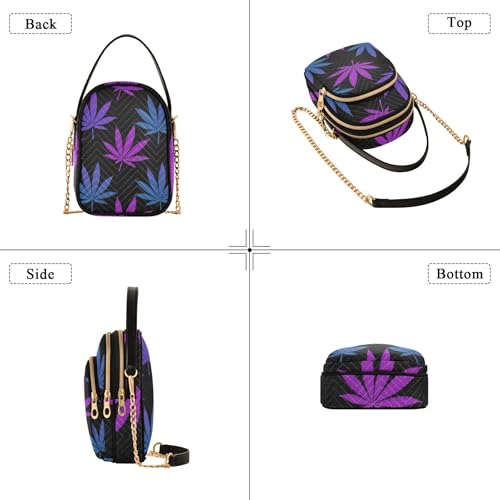 Purple Blue Gradient Leaves Black Shoulder Handbags for Women Cute Animal Chain Strap Phone Wallet Handbag Quilted Ladies Tote Crossbody Satchel4