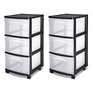 Sterilite 28309002 3 Drawer Cart, Black Frame with Clear Drawers and Black Casters, 2-Pack