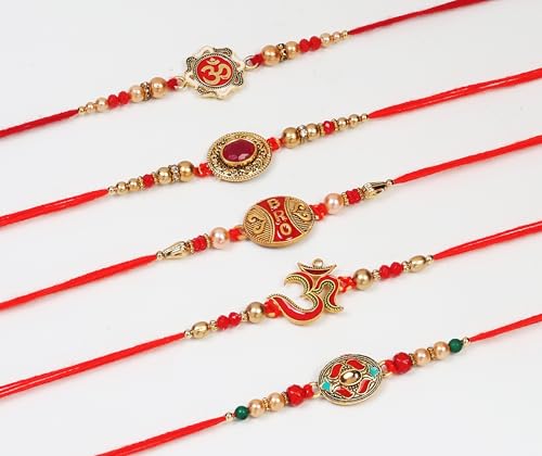 Set of 5 Rakhi for Brother & Sister Om Rakhi | Raksha bandhan Designer Rakhi Bracelet for Brother Kundan Rakhi for Bhaiya Rakhi with Greeting Card & Roli Chawal4