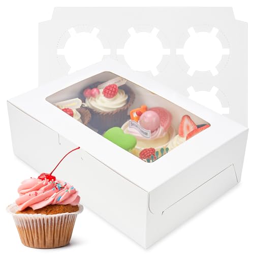 30 Pack Cupcake Boxes with Inserts 6 Holders, White Standard Bakery Boxes with Window Food Grade Cupcake Containers for Muffins,Gift Treat Boxes for Cupcakes