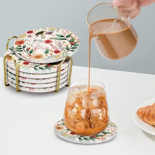 Image of 6 Pcs Cute Flower Drink Coasters with Holder Modern Wood Absorbent Coasters Decorative Coffee Table Set of 6 Desk Vintage Outdoor Colorful Floral Tea Cup Decor Coasters Gift