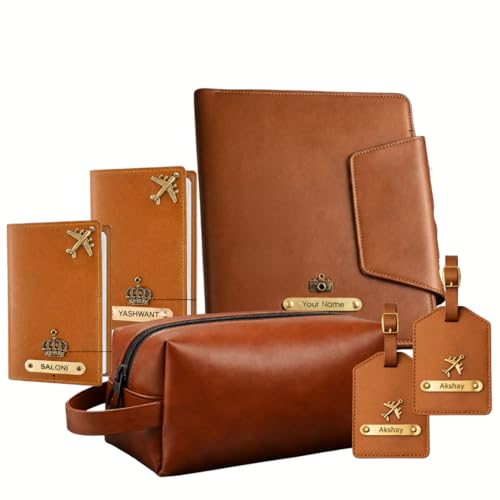 Image of Vegan Leather Family Travel Gift Set, Tan, Large Travel Organizer, Medium Pouch, 2 Passport Covers, 2 Luggage Tags in Gift Box (Tan)