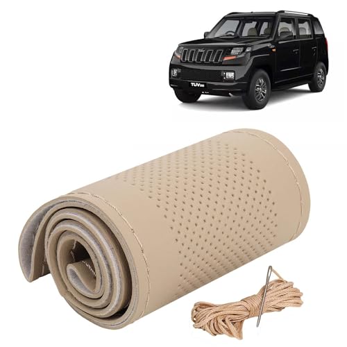 Image of KINGSWAY PU Leatherite Car Steering Cover Sewable Compatible with Mahindra TUV 300 (Year 2015 Onwards), Beige Color with Beige Thread, Pack of 1 with Sewing Needle and Thread