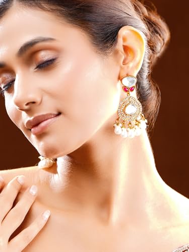 Image of Rubans Long Dangler Earrings Kundan & Pearl Ethnic Jewellery Gift for Women & Girls