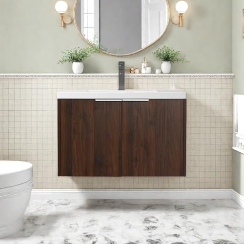 Trygoal Floating Bathroom Vanity, 30" Bathroom Storage Cabinet with Resin Sink & 2 Soft-Close Doors, Modern Wall-Mounted Vanity Combination with Wood Grain Panel & Silver Metal Handles, Walnut