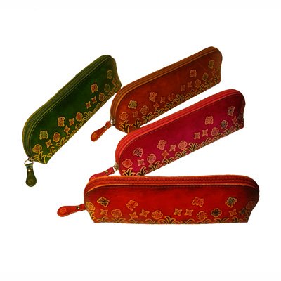 Genuine Leather Pencil Bag,Glasses Holder, Travel Cosmetics Bag ,Butterfly & Flower Pattern, Burgundy #TOP4