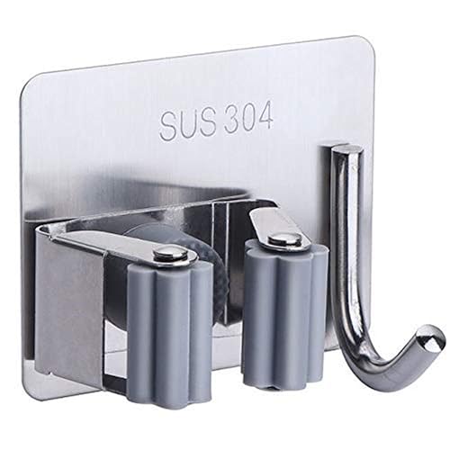 Image of JIALTO SUS 304 Stainless Steel Broom & Mop Holder Wall Mounted Organizer, Heavy Duty No Drill Storage Rack with Hooks for Bathroom, Kitchen, Office, Closet & Garden (Pack of 2)