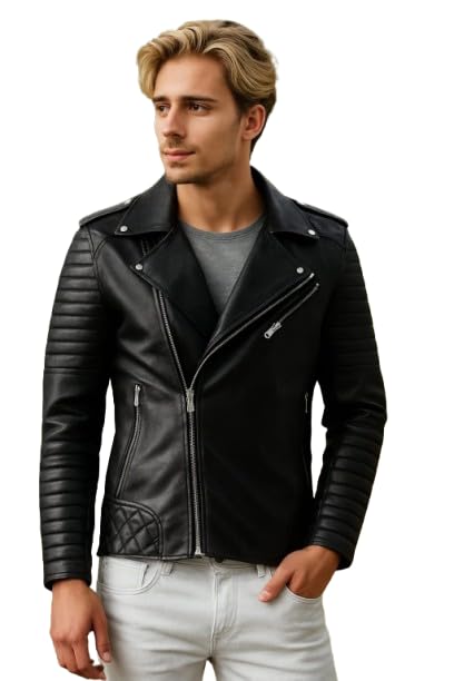 Buy Classic Motorcycle Leather Jacket, Black, Quilted Sleeves