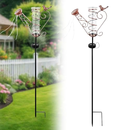 Nzkeuf Pluviómetro Exterior, Pluviometro Jardin con Estaca de Metal y Luces, Solar Pluviómetros de Cristal con Escala Clara, Retirable Pluviómetros para Patio, Césped, Jardín, Valla, Granja
