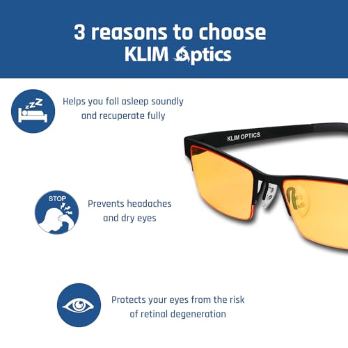 Image of KLIM Optics Blue Light Blocking Glasses - NEW - Reduce Eye Strain and Fatigue - Gaming Glasses for PC Mobile TV - Blocks 92% Blue Light - Computer Glasses with UV Protection