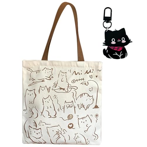 ZXTGBQ Bolso De Lona Con PatróN DeGato Y 1 Llavero, Bolsas Tela Tote Bag Mujer, Bolsa De Compras Reutilizable, Bolso Playa Tote Bag Cremallera ShoppingDe Hombro Para Estudiantes, Escuela, Compras(Gato