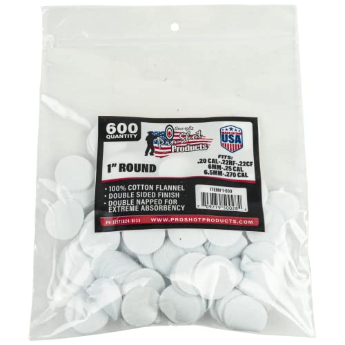 Pro-Shot Products Gun Care Flannel Gun Cleaning 600 Count Patches (.22-.270 Caliber 1-Inch RD.), White, 1-600