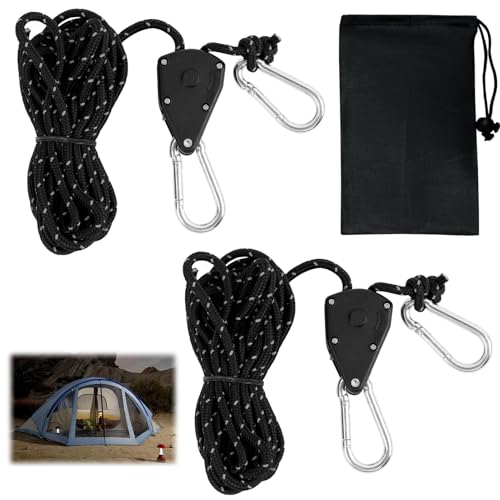Cuerdas Reflectantes para Tienda de Campaña de 4 mm con Polea y Ajustadores de Aluminio, Ideal para Camping, Senderismo y Toldos - Kit Completo con Bolsa de Almacenamiento (Negro)