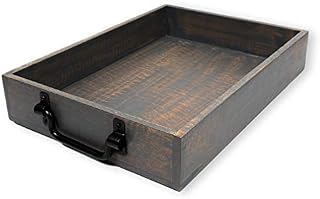 GoCraft Handmade Wooden Tray with Metal Handles | Decorative Serving Trays for Breakfast in Bed, Lunch, Dinner, Appetizers, Patio, Ottoman, Coffee Table, Party | Grey Washed Finish (15" X 11" x 2.5")