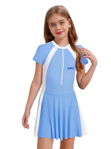 Big Girls Swimdress Short Sleeve Zip Up One Piece Swimwear with Built Bottoms Bathing Suits