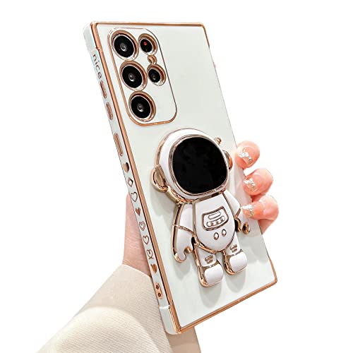 phylla Compatible with Samsung Galaxy S23 Ultra 5g Luxury Plating Cartoon Astronaut Stand Holder Phone Case with Cute Heart Side Small Pattern Soft Silicone Shockproof Kickstand Bumper (White)