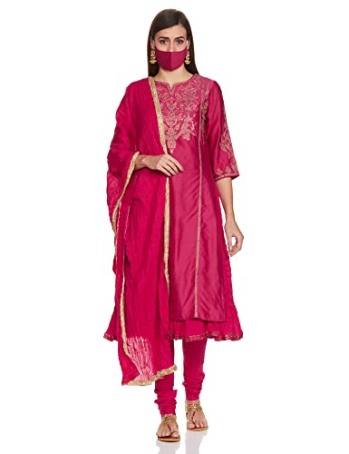 Image of BIBA Women Cotton Silk Straight Kurta Churidar Suit Set