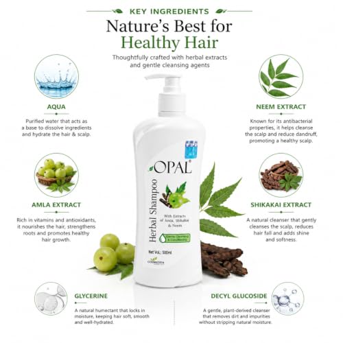Image of OPAL Herbal Hair Shampoo with Amla, Shikakai & Neem | Paraben Free Shampoo for frizzy and dry hair| Helpful for Hair Growth & Hair fall Control| Herbal Shampoo for Men & Women (500ml)