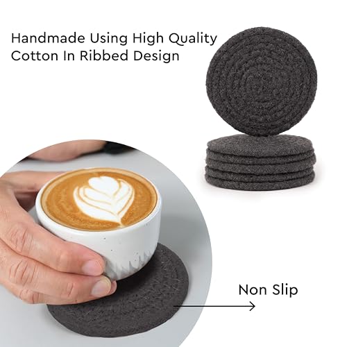 Image of Encasa XO Drink Coasters Set of 6 | Dark Grey with Round (9 cm) | Handcrafted Ribbed Cotton | Absorbent & Heat-Resistant | Use for Tea, Coffee Table & Desk
