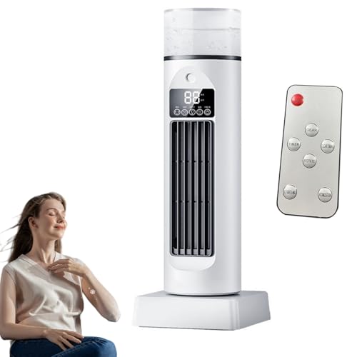 Ventilador Aire Frío Sin Aspas Seguro Niños | Portátil con Hielo/Agua, Aire Acondicionado Silencioso 6 Velocidades + Tanque Remoto y Humidificador para Dormitorio/Oficina (Modo Noche) (Blanco)