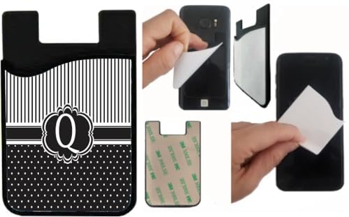 Island Gifting - Letter Q Monogram - Damask Dots Black on White Design - Stick-on ID Card Holder for iPhone/Galaxy/Google Android Cases, Q-BlackDam, cell-sleeve-mas-335