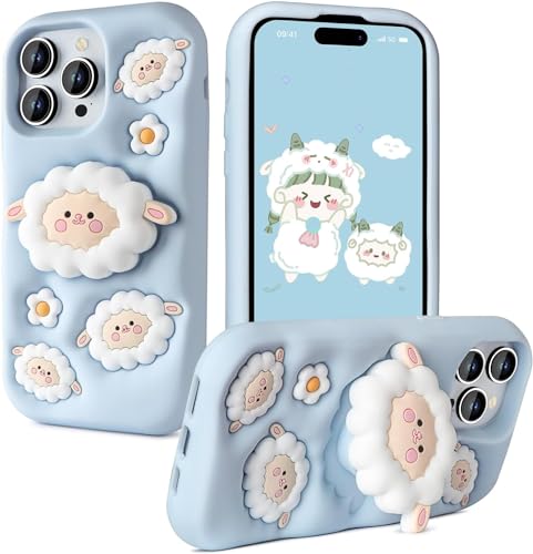 Image of COVERLY for iPhone 15 Pro Max 3D Cartoon Sheep Flock Case,Full Protective Funda Trendy Cloud Animal Back Case with Holder Cute Soft Silicone Fashion Aesthetic Cover for Apple iPhone 15 Pro Max