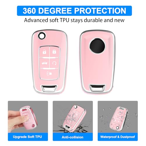 Image of QBUC for Chevy Key Fob Cover with Keychain Fit for Chevrolet Equinox Buick Camaro Cruze Malibu Impala Sonic Full Protection (Silver /Pink)