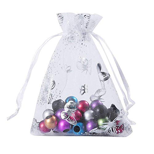 Wudygirl 100pcs 3.54X4.72 Inch Drawstring Organza Bag Storage Rings Earrings Wedding Favors Baby Shower Seashell Candy Bags Wom(100pcs White Butterfly)