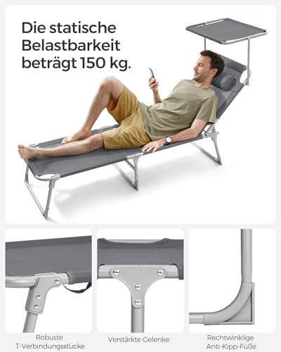 SONGMICS Sonnenliege, klappbarer Liegestuhl, 193 x 53 x 29 cm, trägt bis zu 150 kg, Sonnenschutz, Kopfkissen, verstellbare Rückenlehne, für Garten, Pool, Terrasse, dunkelgrau GCB19UV1