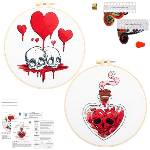 Image of Halloween Goth Embroidery Kits for Beginners Adults, Dark Skull Embroidery Sets Needlepoint Kits, Halloween Stamped Cross Stitch Kits for Beginners Adults, 2 Embroidery Hoops (Attached Video Tutorial)