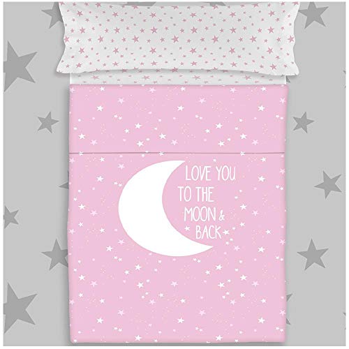COTTON ARTean Juego de sabanas Infantil/Juvenil Moon Pink Cama de 90 x 190/200. 100% ALGODÓN.