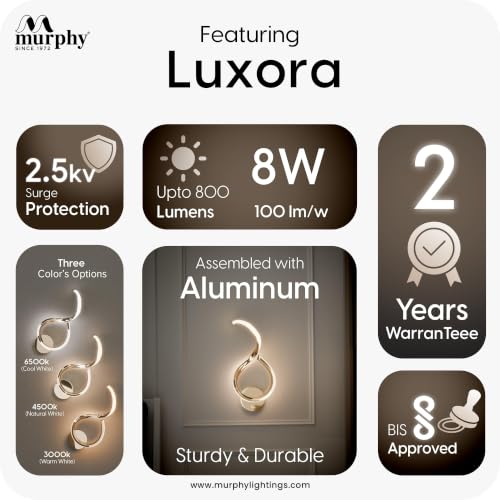 Image of Murphy Luxora Elegant LED Wall Lamp for Home - 2 Years Warranty - Modern Aluminium Light with 3 Color Modes (French Gold, Pack of 1)