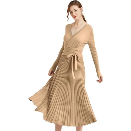 RanRui Womens Winter Fall Pleated Knitted Fit and Flare Long Sleeve Sweater Dress 6-8 B-tan