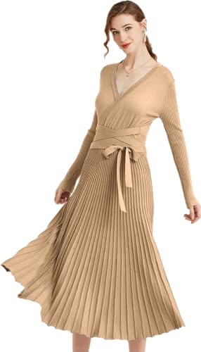 Image of Women's Long Sleeve Sweater Dress Ankle Length Fall Dress Vneck Knit Winter Dress