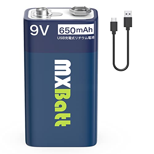 MXBatt USB充電式 9V 充電池 006P型 6F22 角形 リチウムイオン 650mAh USB Cケーブルス付き1.5H急速充電電池 800回充電可能のサムネイル