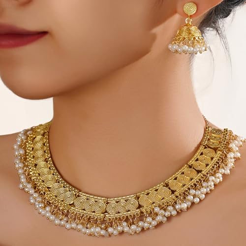 Jhumka-Necklace-Indian-Jewelry-Sets for Women Kundan-Earrings-Oxidized-Choker-Pearl-Chain-Gold-Wedding-Jewelry-Sets for Brides3