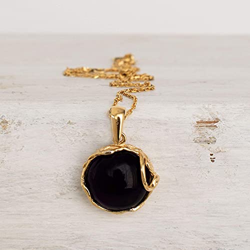 14K Yellow Gold Plated Over 925 Sterling Silver Black Onyx Large Pendant; Natural Round Gemstone Pendant; Unique Jewelry For Women ; Handmade Vintage Style Onyx Necklace For Women #TOP3