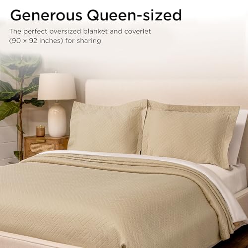 Threadmill Luxury Cotton Blankets for Queen Size Bed | All-Season 100% Cotton Queen Size Blanket | Criss Cross Jacquard Cozy Lightweight, Soft Breathable Coverlet fits Full Size Bed, 90x92 | Beige