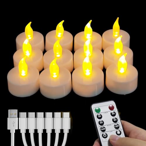 Image of Rechargeable Tea Lights with Remote Timer,Battery Operated Flameless LED Tea Lights Candles with USB Rechargeable for Halloween,Christmas,Weddings,Birthdays 12-Pack(Warm Yellow)