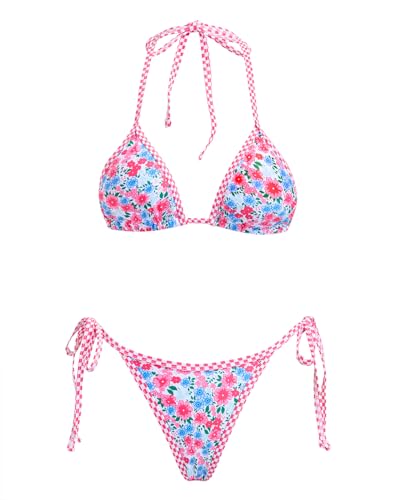 Image of Women's Triangle Bikini Set String Swimsuit Print Tie Smocked Ruched Two Piece Bathing Suit