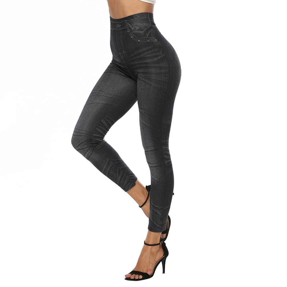 Junhouse Women Ladies Skinny Faux Denim Leggings Jeans Jeggings Fit Classic Stretch Floral Jeans High Waist Pencil Pants Tights Trousers (M,ZZ Black)