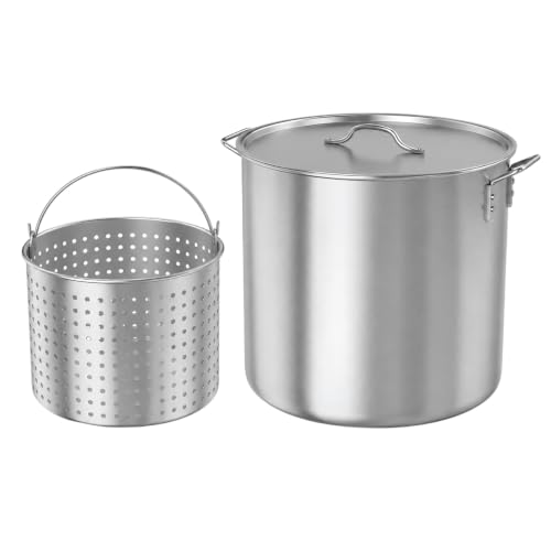 Image of GasOne 100Qt Aluminum Stock Pot with Strainer and Lid - Large Deep Fryer Pot with Basket for Boiling, Frying Turkey, Seafood, Crawfish - Food-Grade Aluminum Large Cooking Pot with Sturdy Handles