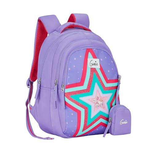 Image of Genie School Backpack for Girls |15 In-20 Ltr with Three Compartments,Side Pockets and Light Weight with Padded Shoulders |Best for Books,Stationery, Lunch Box & Essentials